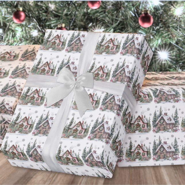 Papel De Presente Natal Elegante da Cabina de inverno (Elegant Winter Cabin Christmas Wrapping Paper)
