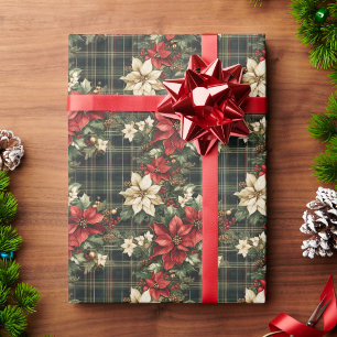 Papel De Presente Natal Elegante de Xadrez Verde e Poinsettias Verme
