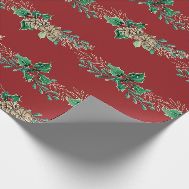 Papel De Presente Natal Elegante Garland Holly Berry Pine Foliage (Ponta)