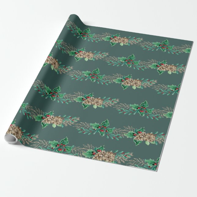 Papel De Presente Natal Elegante Holly Berry Pine Cone Garland (Desenrolado)