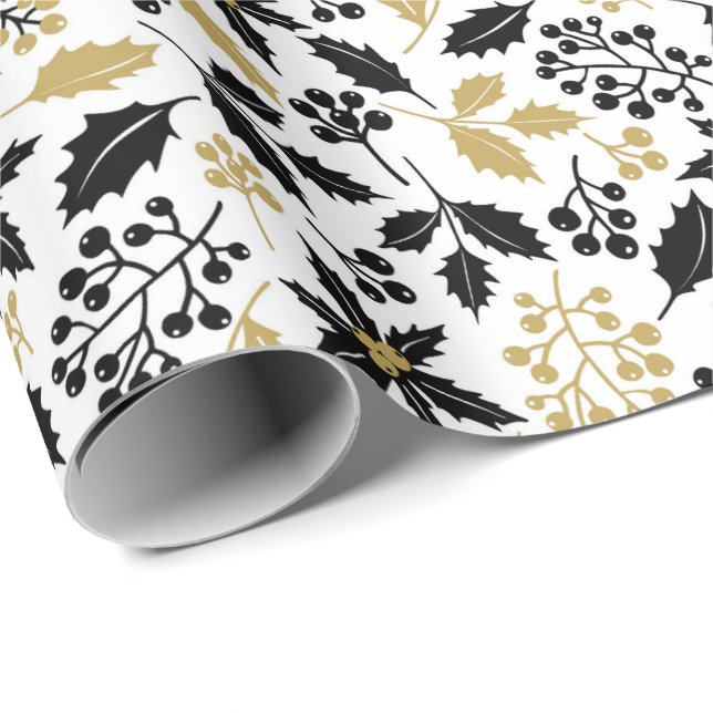Papel De Presente Natal Elegante Negro e Dourado Mistura Holly (Ponta do rolo)