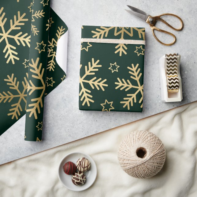 Papel De Presente Natal Elegante Verde e Dourado Flocos de Neve (Artesanato)