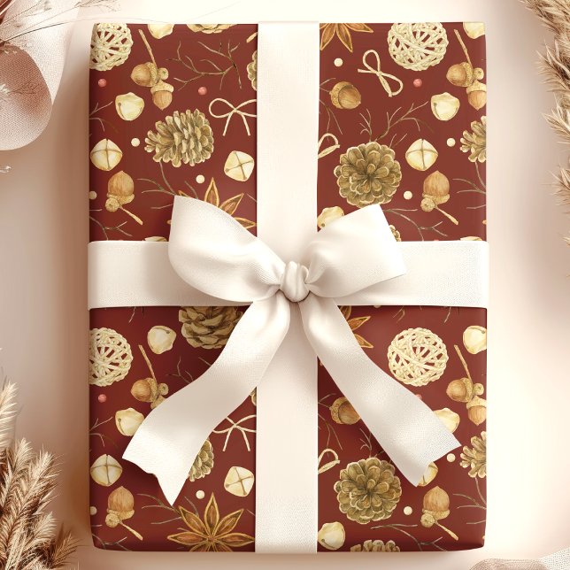 Papel De Presente Natal em Aquarela Rústica de Pinha (Criador carregado)