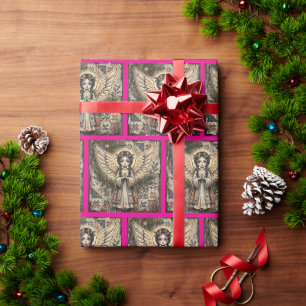 Papel De Presente Natal em Arte Folclórica Vintage de Anjo