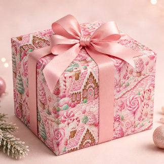 Papel De Presente Natal em Candyland de Pão de Mel Rosa em Aquarela