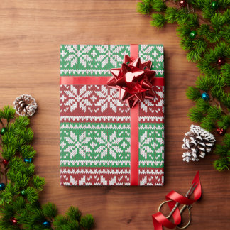 Papel De Presente Natal em Floco de Neve Vermelho e Verde Tricotado