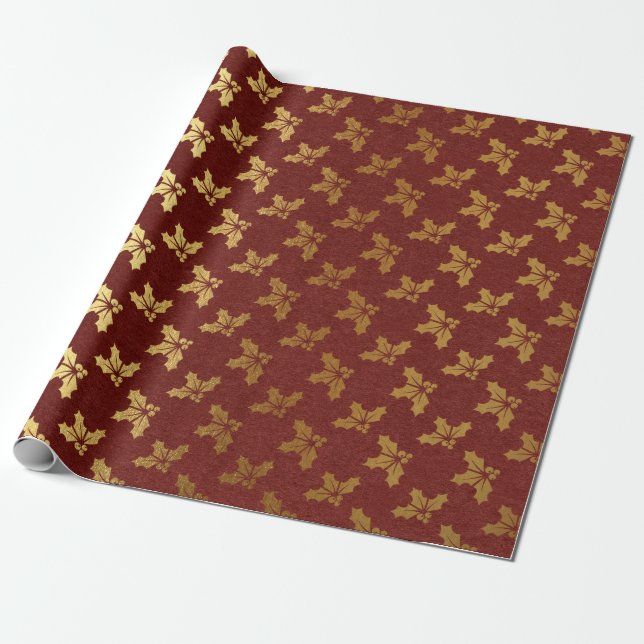 Papel De Presente Natal em folha de ouro e burgundy (Desenrolado)