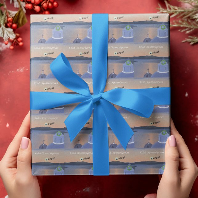Papel De Presente Natal em Santorini, Grécia com Papai Noel (Criador carregado)