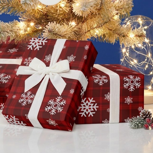 Papel De Presente Natal em Xadrez Vermelho com Flocos de Neve (Criador carregado)