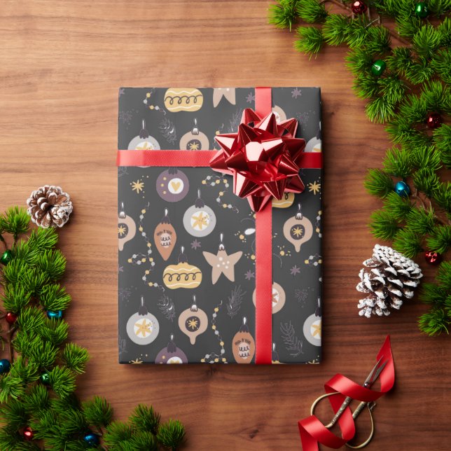 Papel De Presente Natal - Enfeites Caprichosos em Preto (Presente de Natal)