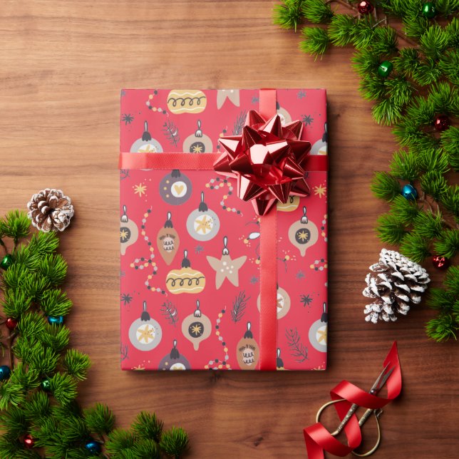 Papel De Presente Natal - Enfeites Caprichosos em Vermelho (Presente de Natal)