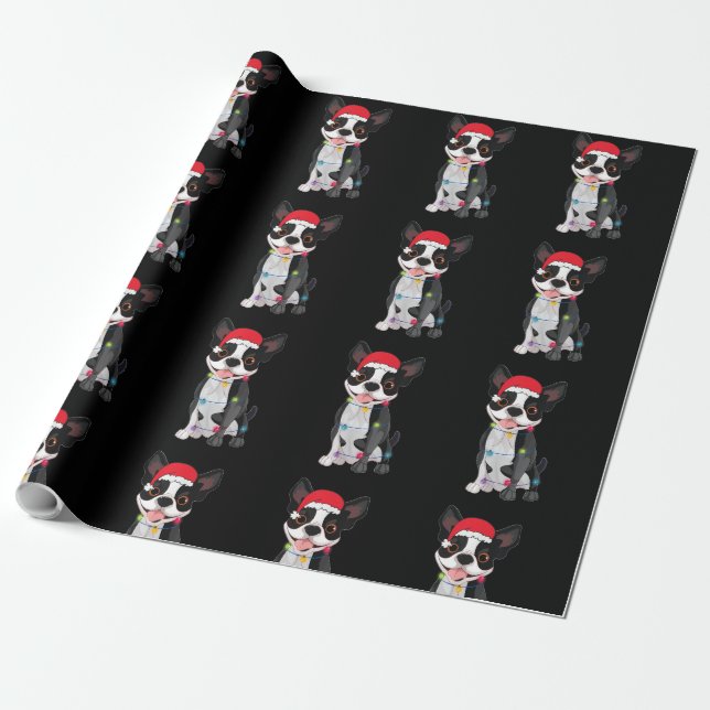 Papel De Presente Natal engraçado Boston Terrier Lover Santa Hat Lig (Desenrolado)