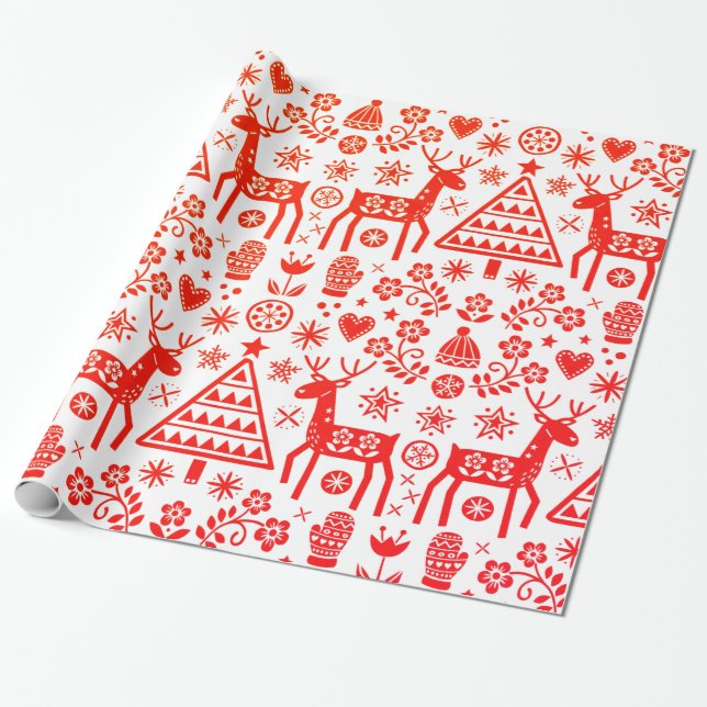 PAPEL DE PRESENTE NATAL ESCANDINÁVIO DE NATAL VERMELHO E BRANCO (Desenrolado)