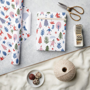 Papel De Presente Natal Escandinavo de Inverno e Esqui Retro