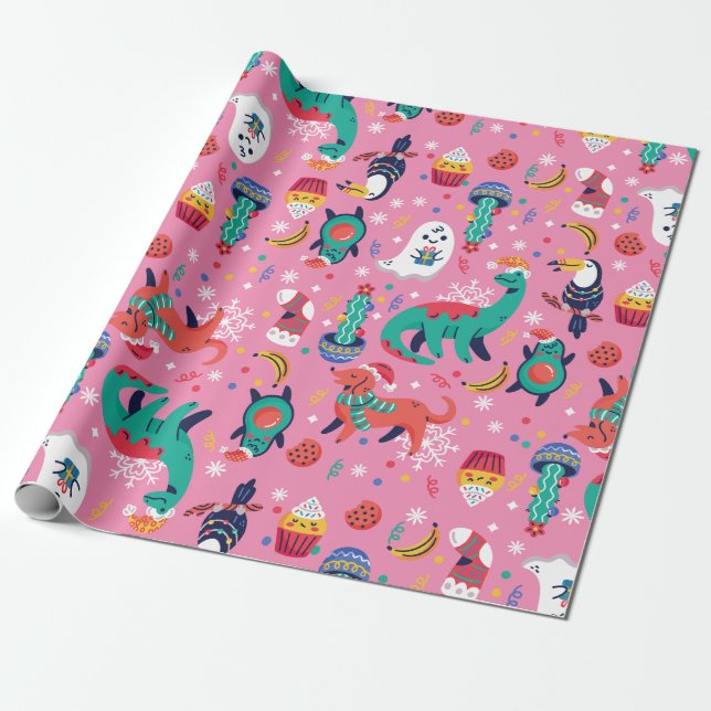 Papel De Presente Natal feio dinossauro avocado cupcake xmas (Desenrolado)
