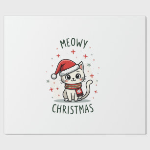 Papel De Presente Natal Feliz com Gato Amante Meowy Festa Divertida