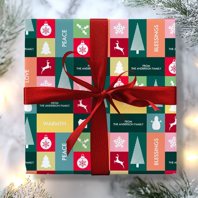 Papel De Presente Natal Feliz Feriados Nome Moderno (Christmas Happy Holidays Modern Name Wrapping Paper)