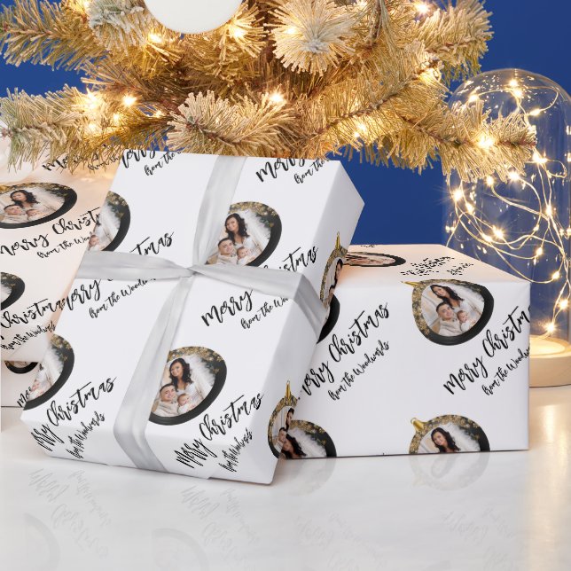 Papel De Presente Natal Feliz Foto Personalizada Preto Dourado (Feriados)