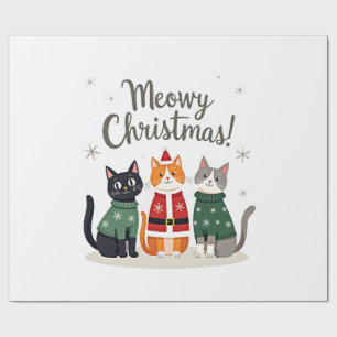 Papel De Presente Natal Feliz Meowy Gato Divertido Natal Férias Xmas