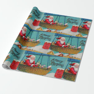 Papel De Presente Natal Feliz Papai Noel Vintage em Balão de Ar