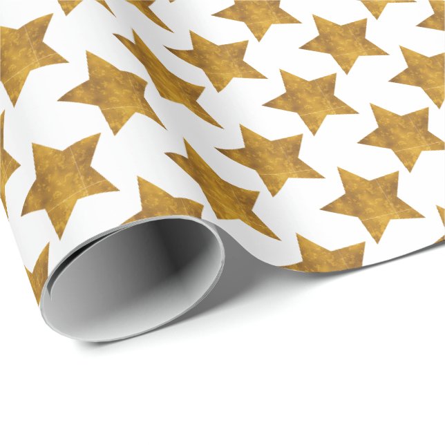 Papel De Presente Natal Feriado Estrelas Douradas em Branco  (Ponta do rolo)