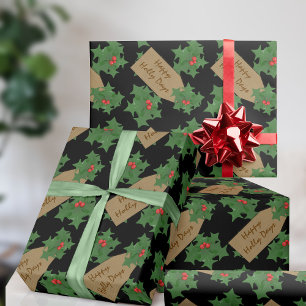 Papel De Presente Natal Festivo Folha de Azevinho Personalizado Pret