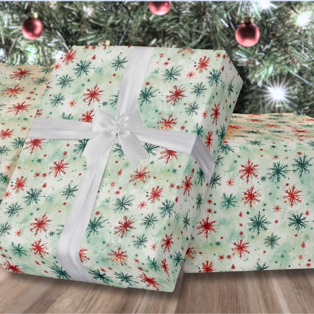 Papel De Presente Natal Festivo Foliday Snowflake (Festive Holiday Red And Green Snowflake Christmas Wrapping Paper)