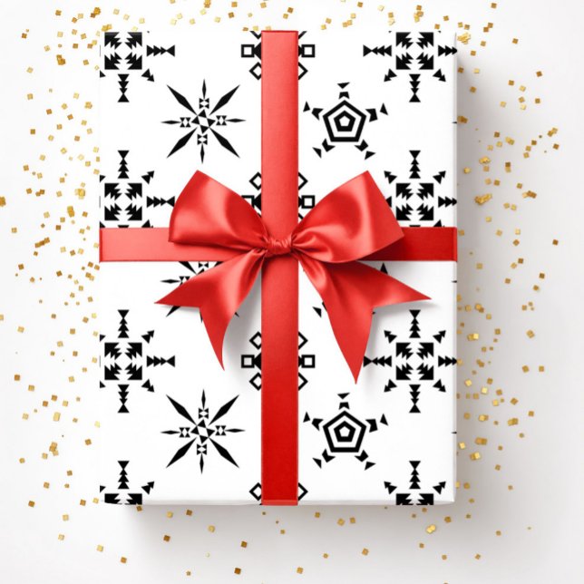 Papel De Presente Natal Festivo Preto E Neve Branca (Festive Black And White Snowflake Christmas Wrapping Paper)