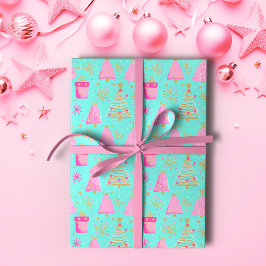 Papel De Presente Natal Festivo Rosa e Aqua