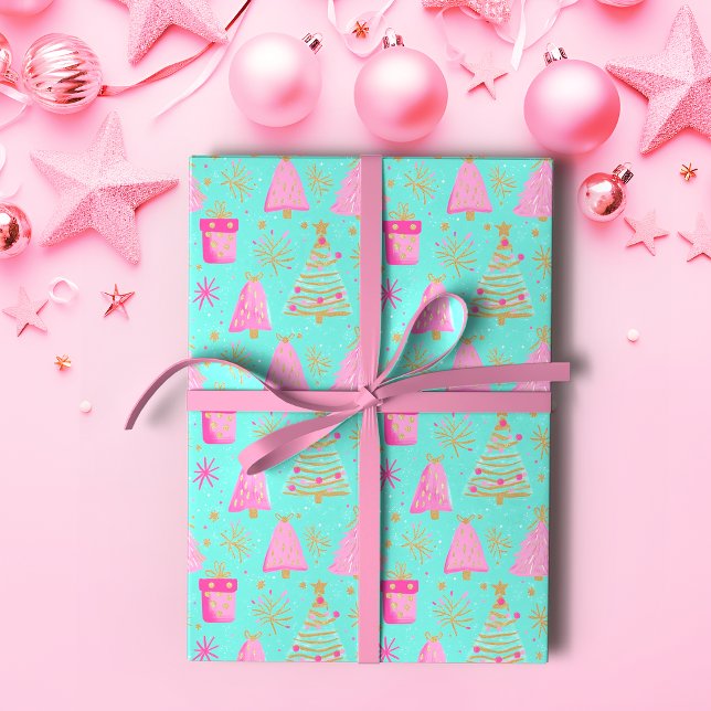 Papel De Presente Natal Festivo Rosa e Aqua (Criador carregado)