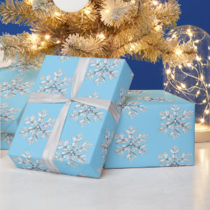 Papel De Presente Natal Flocos de Neve Azuis Brancos