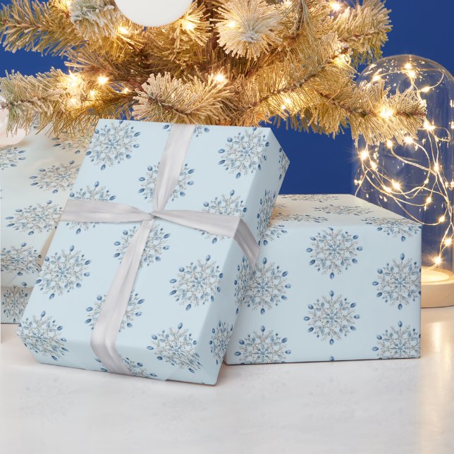 Papel De Presente Natal Flocos de Neve Azul Claro (Feriados)