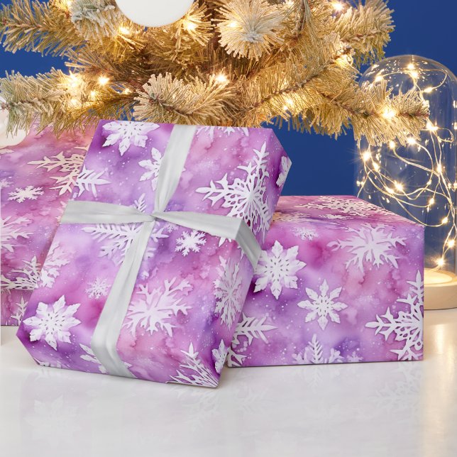 Papel De Presente Natal Flocos de Neve Brancos Roxos (Feriados)