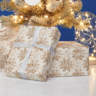 Papel De Presente Natal Flocos de Neve Marrom Creme