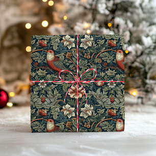 Papel De Presente Natal Florais de Floresta Pássaros William Morris