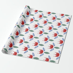 Papel De Presente Natal floral azul vermelho escandinavo do teste