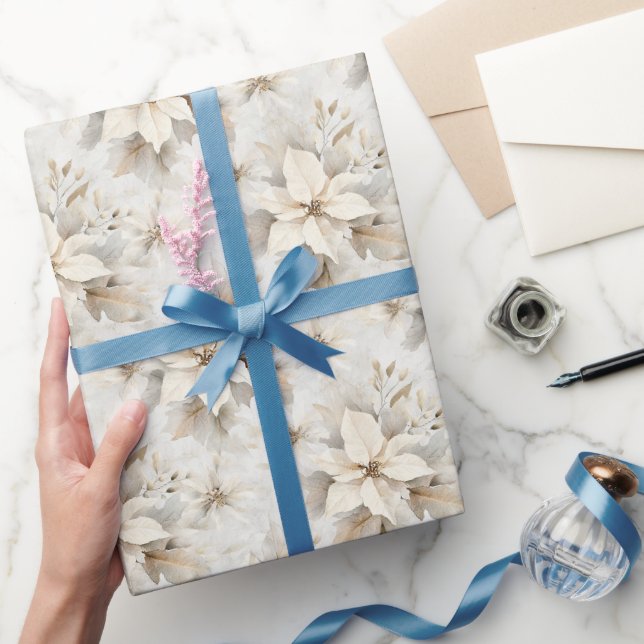 Papel De Presente Natal Floral Cinza Creme Chic (Presentear)