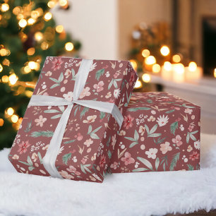 Papel De Presente Natal Floral de Mola Molhada Vermelha Elegante