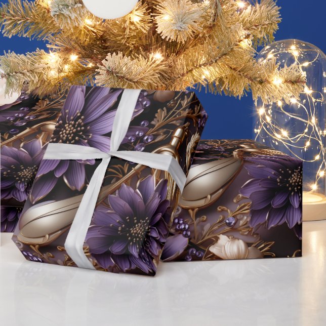Papel De Presente Natal floral Dourado e roxo Elegante (Feriados)