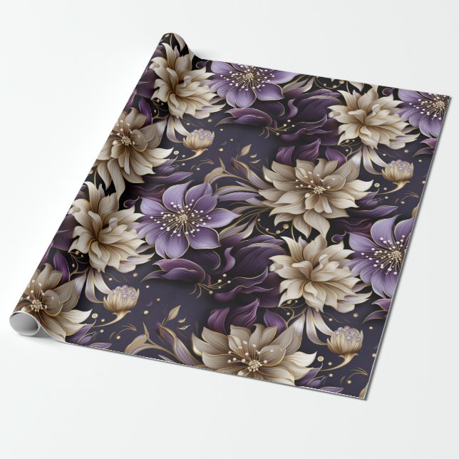 Papel De Presente Natal floral Dourado e roxo Elegante (Desenrolado)