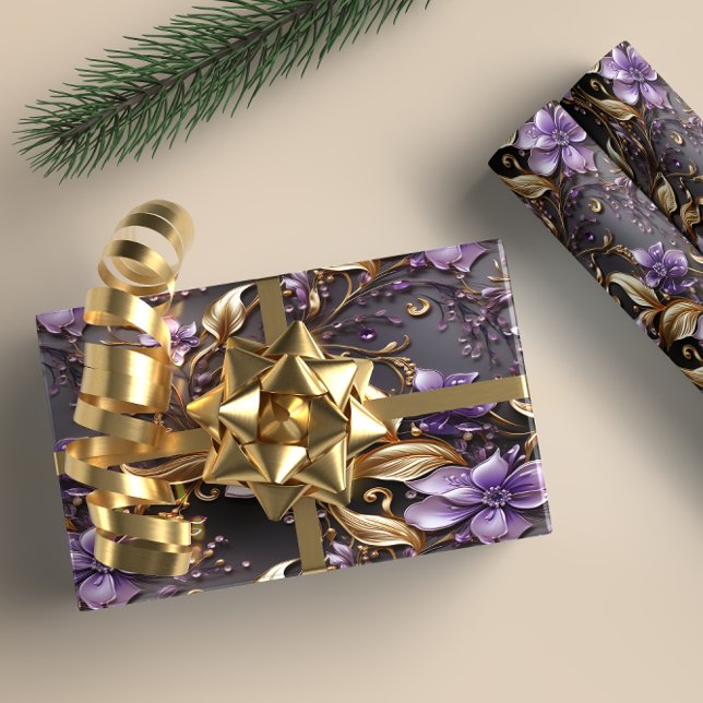 Papel De Presente Natal floral Dourado e roxo Elegante (Element gold and purple floral wrapping paper)