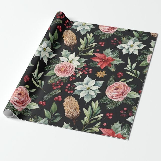 Papel De Presente Natal Floral Escuro Moderno Elegante (Desenrolado)