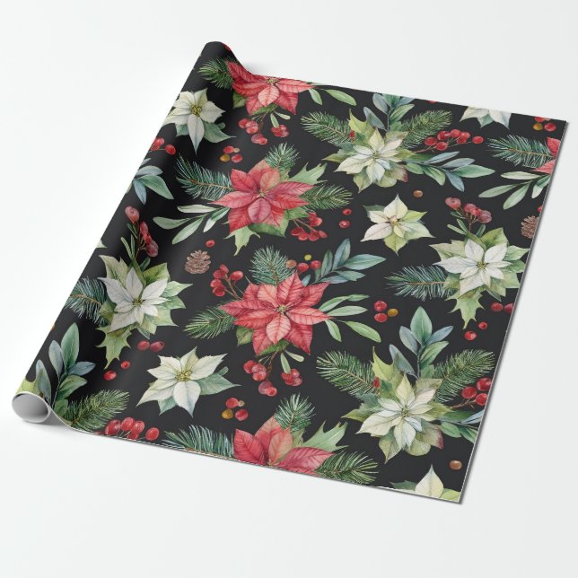 Papel De Presente Natal Floral Escuro Moderno Elegante (Desenrolado)