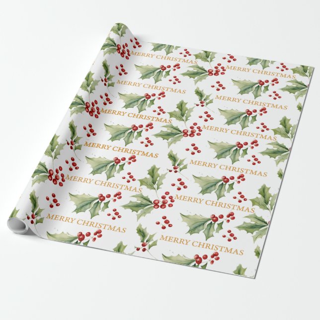 Papel De Presente Natal Floral Holly Red Berries (Desenrolado)