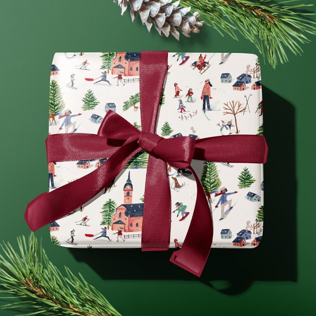 Papel De Presente Natal Fofo de Esqui Rosa Nórdico (Cute Minimalistic Nordic Winter Village Christmas Wrapping Paper)