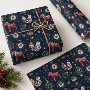 Papel De Presente Natal Folk Escandinavo Azul Marinho Cavalo Dala Pá