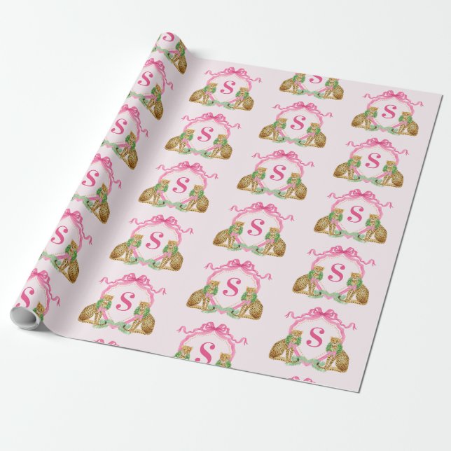 Papel De Presente Natal Grandmillennial Leopardo Monograma (Desenrolado)