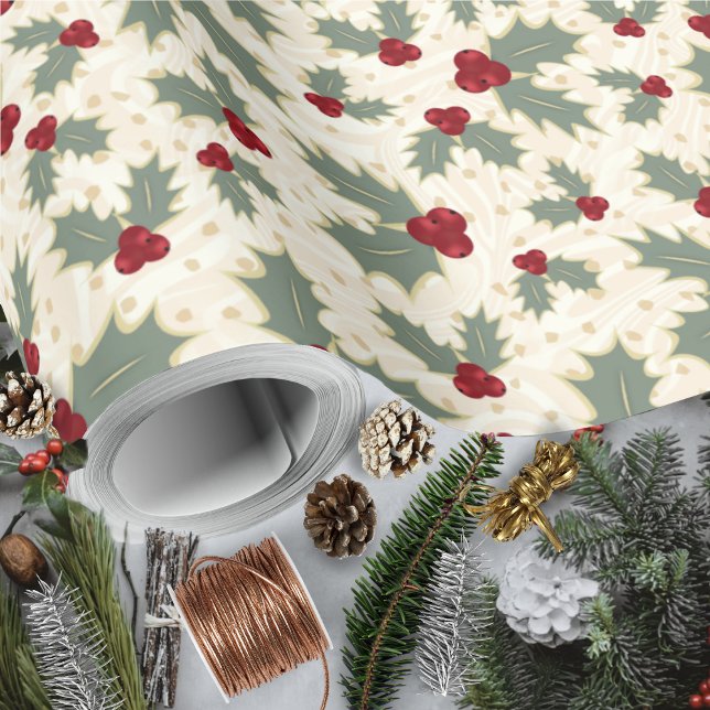 Papel De Presente Natal - Holly Berries e Folhas (Christmas - Holly Berries and Leaves Wrapping Paper Rolls by Leapfroglisics Shop)