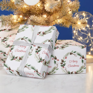 Papel De Presente Natal Holly Berry Pine Cones Wreath