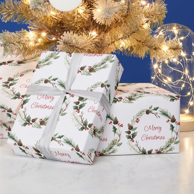 Papel De Presente Natal Holly Berry Pine Cones Wreath (Feriados)